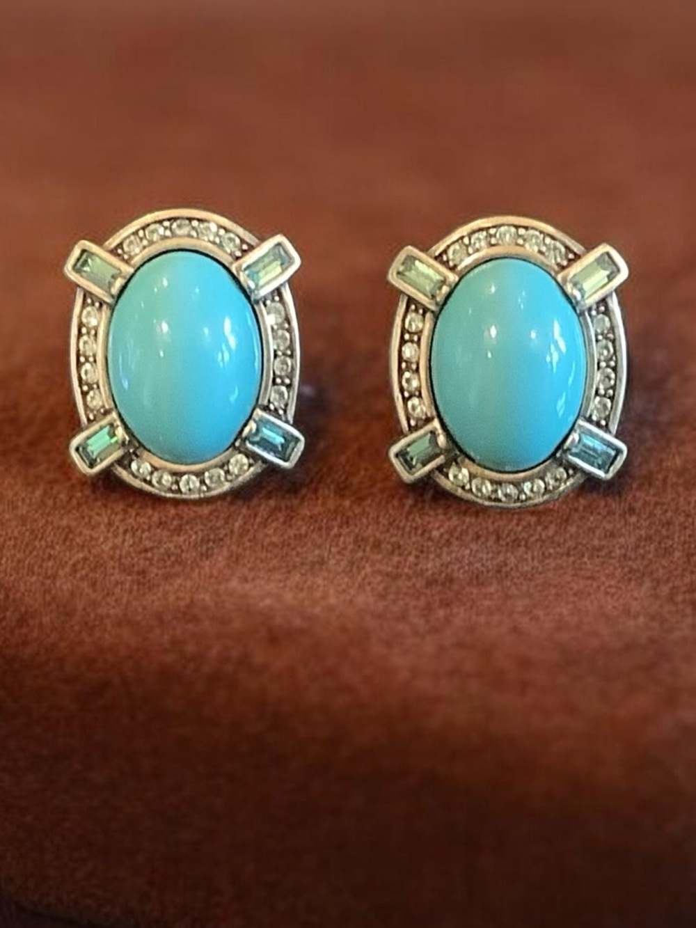 Heidi Daus Turquoise & Gold Oval  Earrings With Swarovski Crystals.  NWOT - Picture 6 of 6